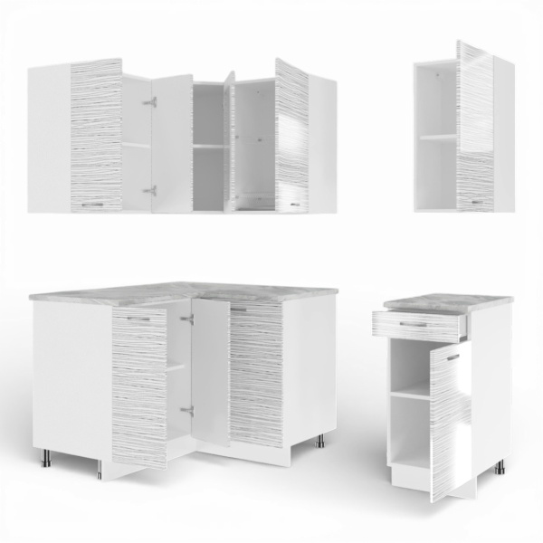 Кухонный гарнитур угловой Танго  №7 белый корпус Белый страйп (столеш Этория+сушка+планка)