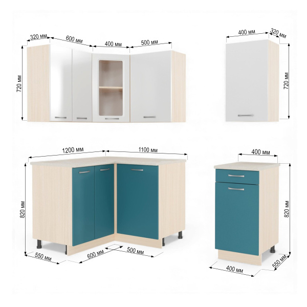 Кухонный гарнитур "Танго" белый/бирюза (столешик, без мойки)