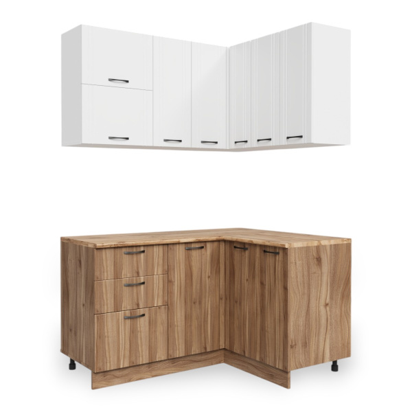 Кухонный гарнитур Угловой Бари Белый жемчуг/Тач Белый/Орех Антик (Столеш. Дуб Вотан)/1,4м