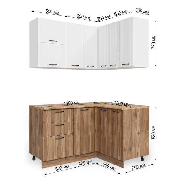 Кухонный гарнитур Угловой Бари Белый жемчуг/Тач Белый/Орех Антик (Столеш. Дуб Вотан)/1,4м