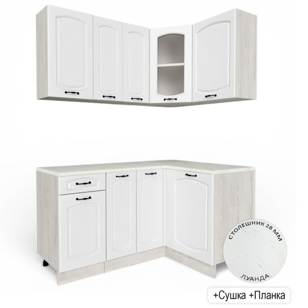 Кухонный гарнитур угловой Равенна Сосна лофт / Дуб светлый (столеш Луанда+сушка+планка) 1,5м