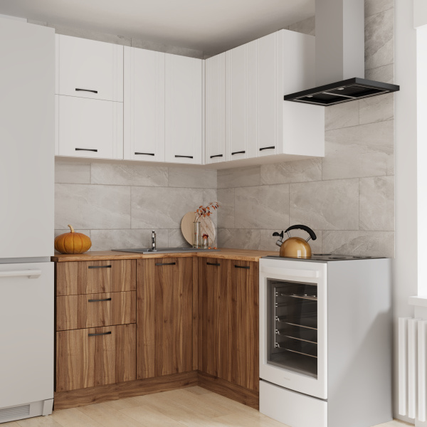 Кухонный гарнитур Угловой Бари Белый жемчуг/Тач Белый/Орех Антик (Столеш. Дуб Вотан)/1,4м