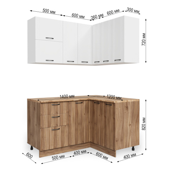 Кухонный гарнитур Угловой Бари Белый жемчуг/Тач Белый/Орех Антик (Столеш. Дуб Вотан)/1,4м