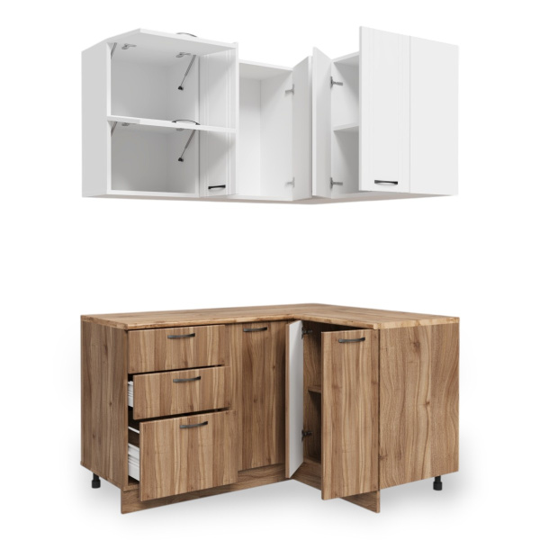 Кухонный гарнитур Угловой Бари Белый жемчуг/Тач Белый/Орех Антик (Столеш. Дуб Вотан)/1,4м