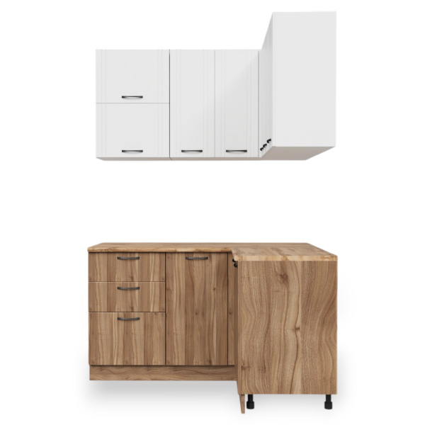 Кухонный гарнитур Угловой Бари Белый жемчуг/Тач Белый/Орех Антик (Столеш. Дуб Вотан)/1,4м